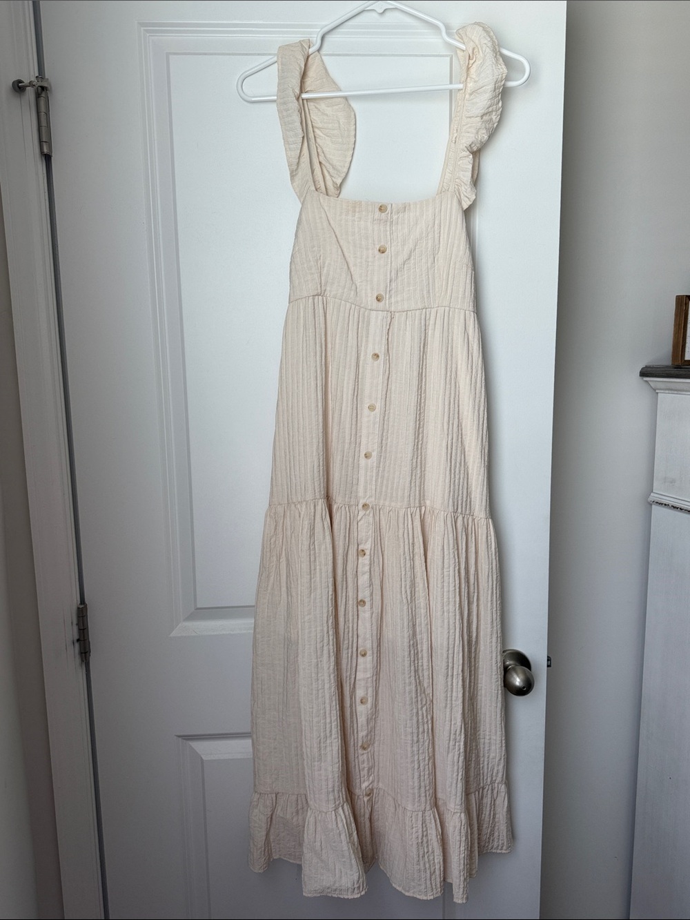 Cream Button-Front Ruffle Strap Maxi Dress